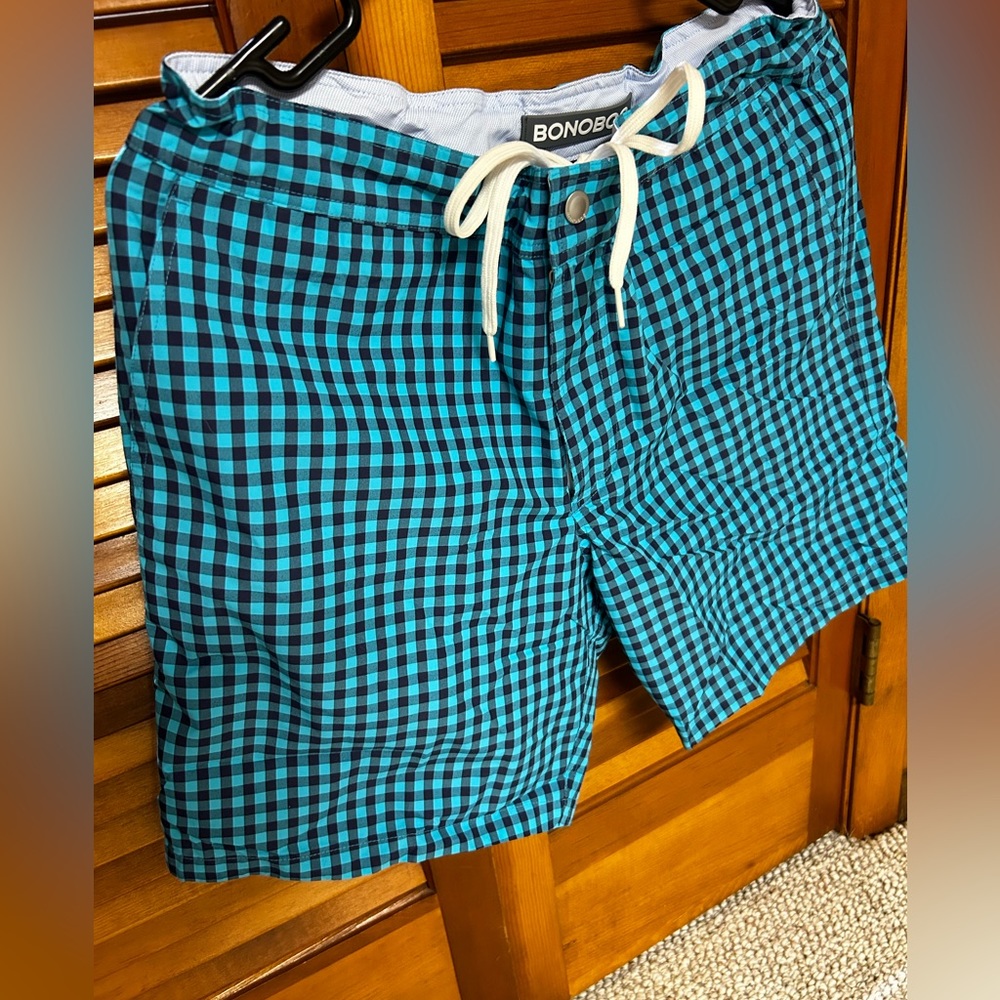 Bonobos Blue Gingham Board / Swim Shorts. Size 31 waist. Mens. Excellent.